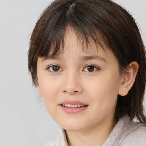 Joyful white child female with medium  brown hair and brown eyes