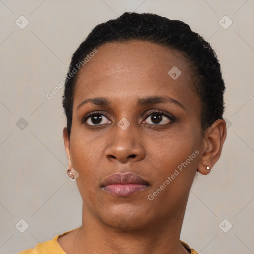 Neutral black young-adult female with short  black hair and brown eyes