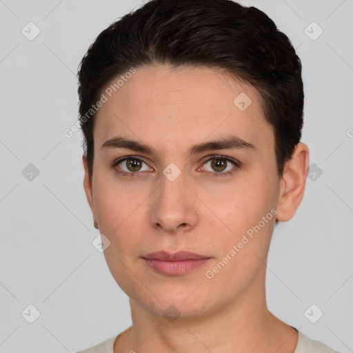 Neutral white young-adult female with short  brown hair and brown eyes