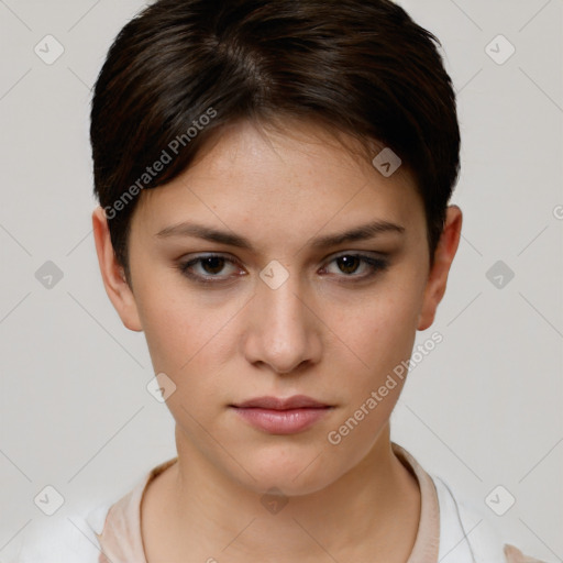 Neutral white young-adult female with short  brown hair and brown eyes