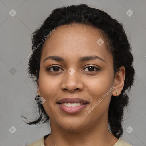 Joyful latino young-adult female with medium  black hair and brown eyes