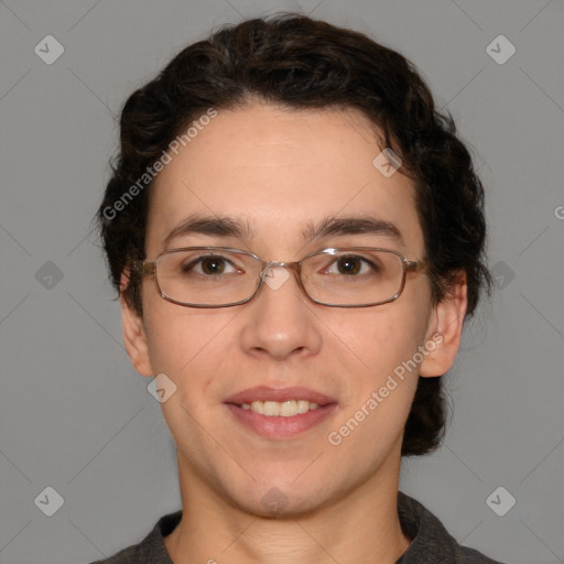 Joyful white young-adult male with medium  brown hair and brown eyes