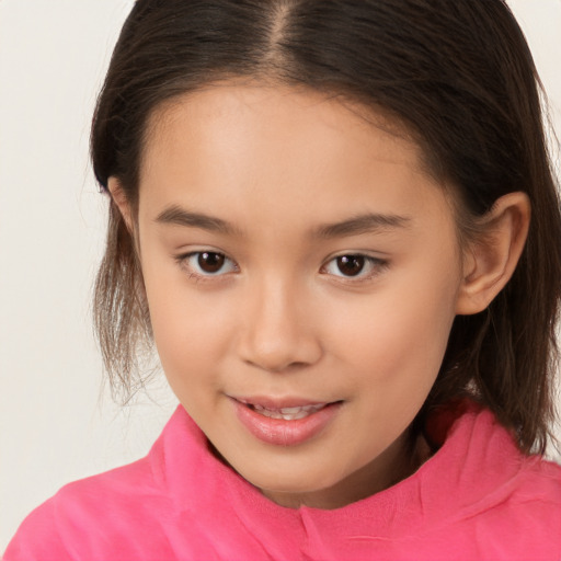 Joyful white child female with medium  brown hair and brown eyes