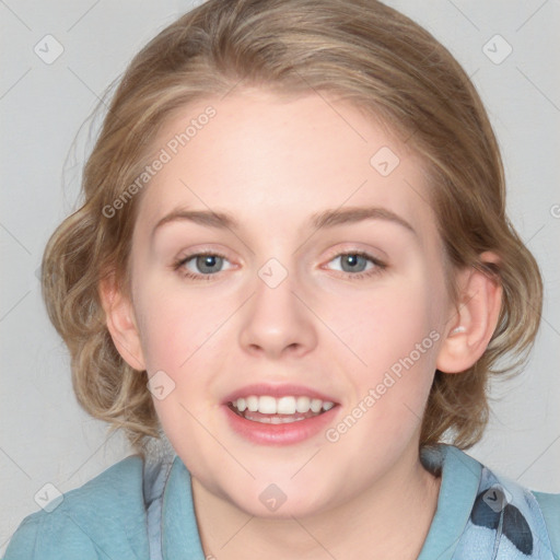 Joyful white young-adult female with medium  brown hair and blue eyes