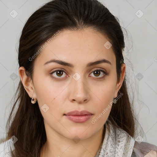 Neutral white young-adult female with medium  brown hair and brown eyes