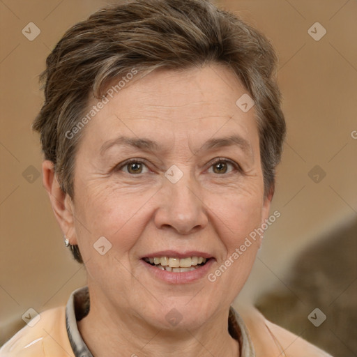 Joyful white middle-aged female with short  brown hair and brown eyes