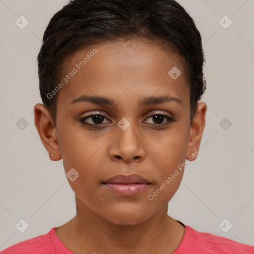 Neutral black young-adult female with short  brown hair and brown eyes