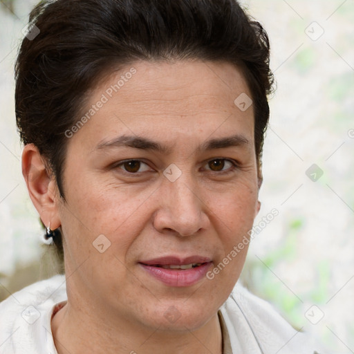 Joyful white adult female with short  brown hair and brown eyes