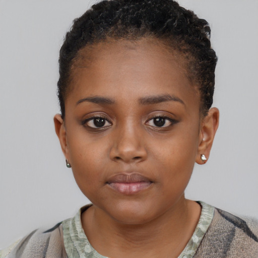 Neutral black young-adult female with short  brown hair and brown eyes
