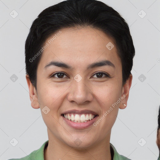 Joyful white young-adult female with short  black hair and brown eyes