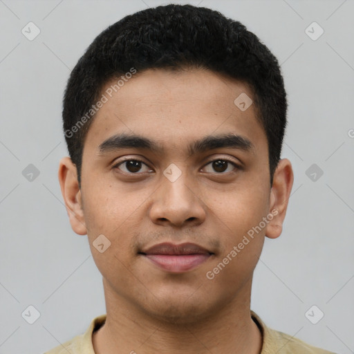 Neutral latino young-adult male with short  black hair and brown eyes