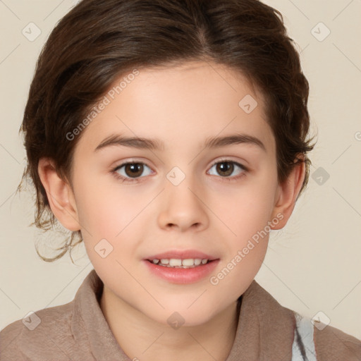 Joyful white child female with medium  brown hair and brown eyes