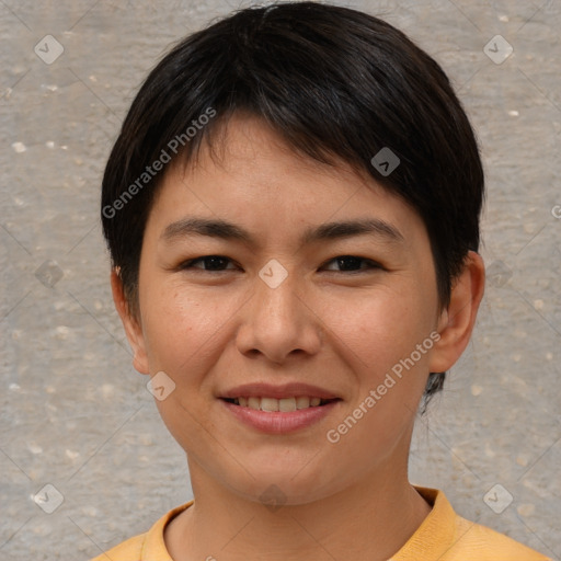 Joyful asian young-adult female with short  brown hair and brown eyes