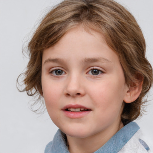 Joyful white child female with medium  brown hair and blue eyes