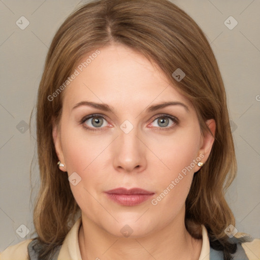 Neutral white young-adult female with medium  brown hair and grey eyes