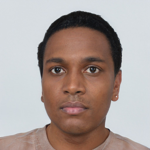 Neutral black young-adult male with short  black hair and brown eyes