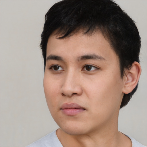 Neutral asian young-adult male with short  black hair and brown eyes