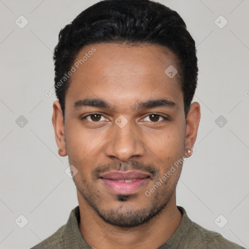 Joyful latino young-adult male with short  black hair and brown eyes