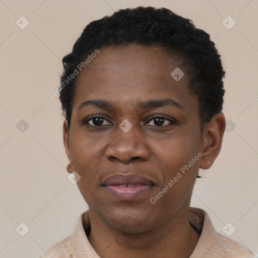 Joyful black young-adult female with short  black hair and brown eyes