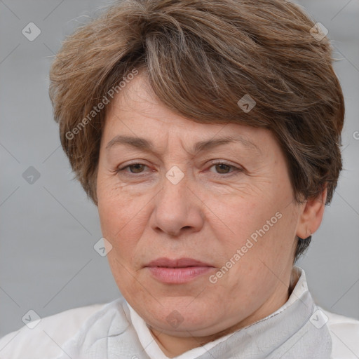 Joyful white adult female with short  brown hair and brown eyes