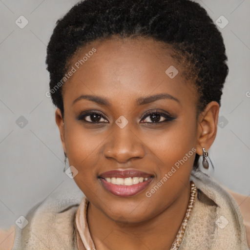 Joyful latino young-adult female with short  black hair and brown eyes