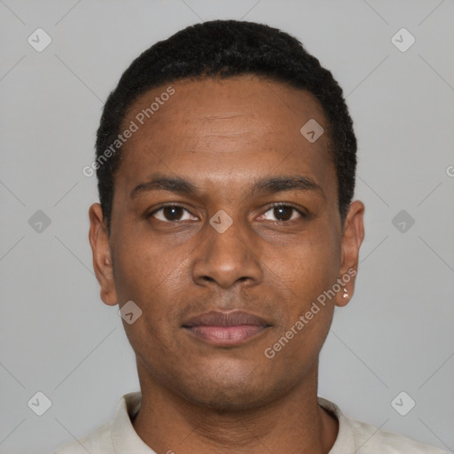 Neutral black young-adult male with short  black hair and brown eyes