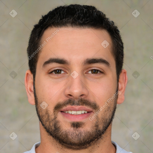 Joyful white young-adult male with short  black hair and brown eyes