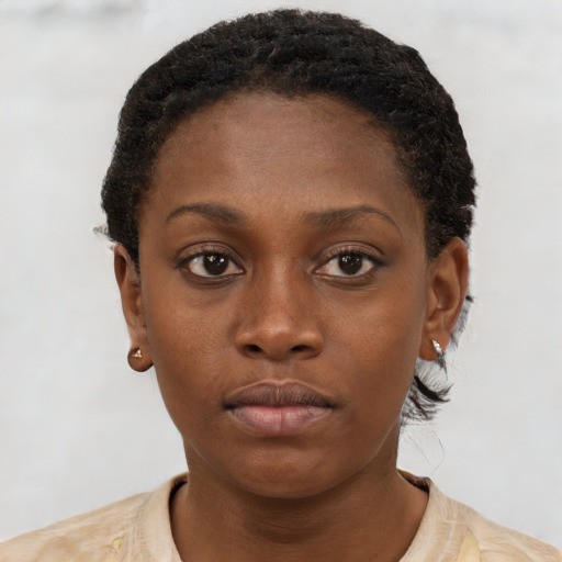 Neutral black young-adult female with short  brown hair and brown eyes