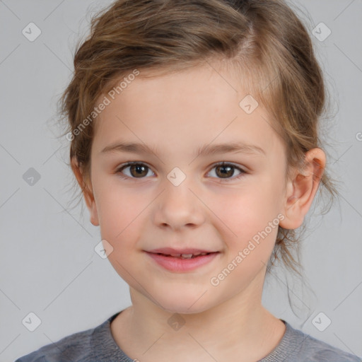 Joyful white child female with medium  brown hair and brown eyes