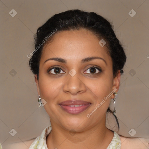 Joyful latino young-adult female with short  brown hair and brown eyes