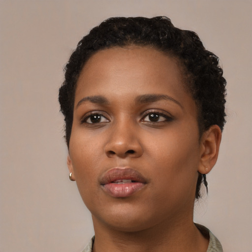 Neutral black young-adult female with short  black hair and brown eyes