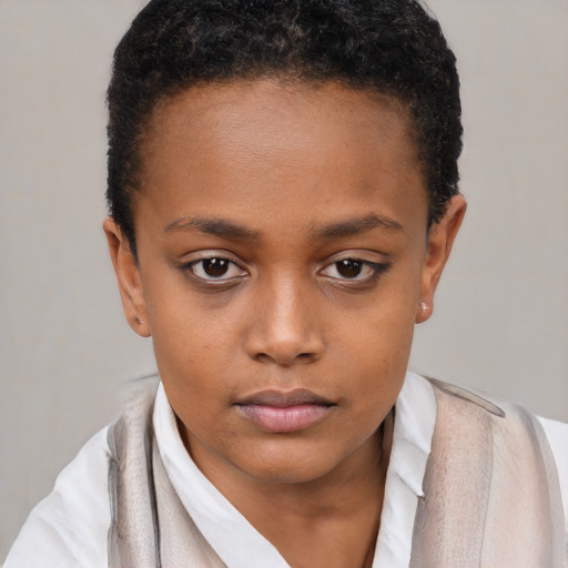 Neutral black young-adult female with short  brown hair and brown eyes