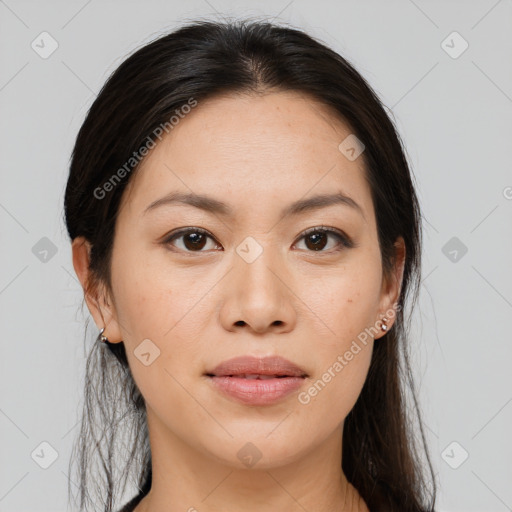 Joyful white young-adult female with medium  brown hair and brown eyes