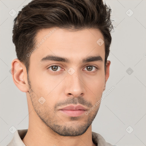 Neutral white young-adult male with short  brown hair and brown eyes