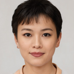 Joyful asian young-adult female with short  brown hair and brown eyes