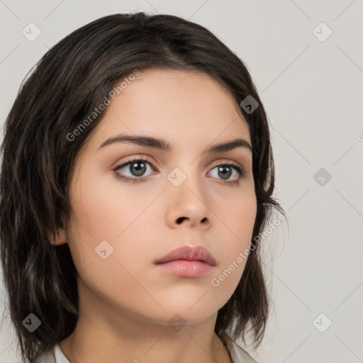 Neutral white young-adult female with medium  brown hair and brown eyes