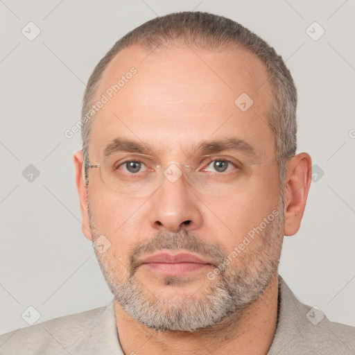 Neutral white adult male with short  brown hair and brown eyes