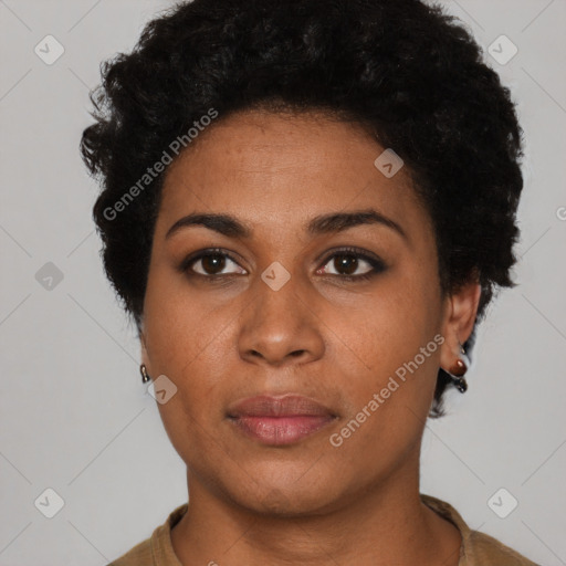 Neutral black young-adult female with short  black hair and brown eyes