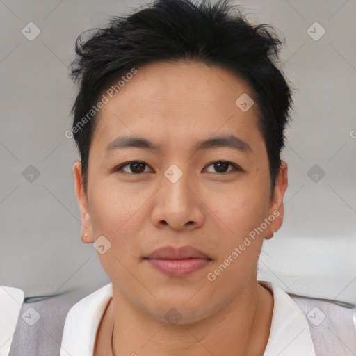 Neutral asian young-adult male with short  brown hair and brown eyes