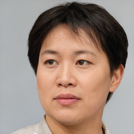 Joyful asian adult female with short  brown hair and brown eyes