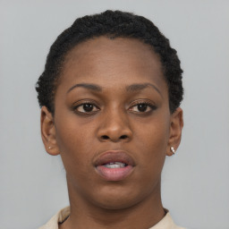 Neutral black young-adult female with short  brown hair and brown eyes