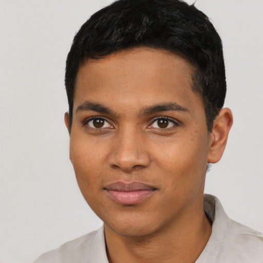 Neutral latino young-adult male with short  black hair and brown eyes