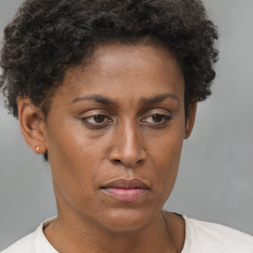 Neutral black young-adult female with short  brown hair and brown eyes