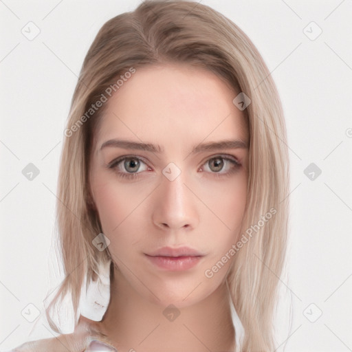 Neutral white young-adult female with medium  brown hair and grey eyes