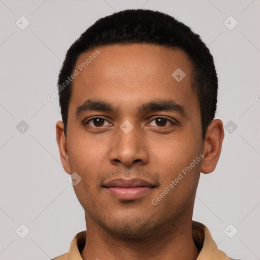 Neutral latino young-adult male with short  black hair and brown eyes