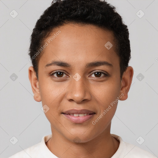 Joyful latino young-adult female with short  brown hair and brown eyes