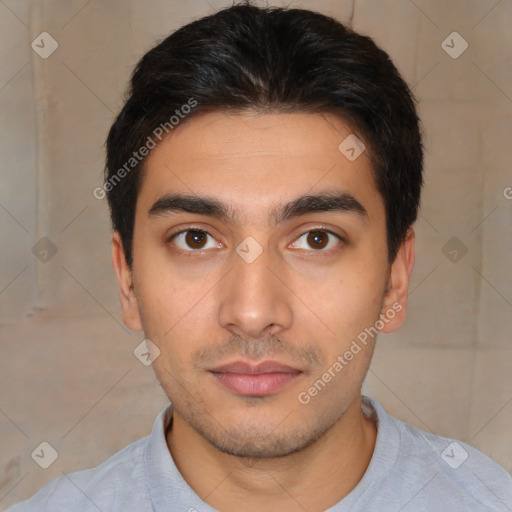 Neutral latino young-adult male with short  brown hair and brown eyes