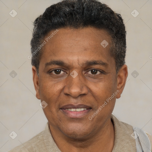 Joyful black adult male with short  black hair and brown eyes