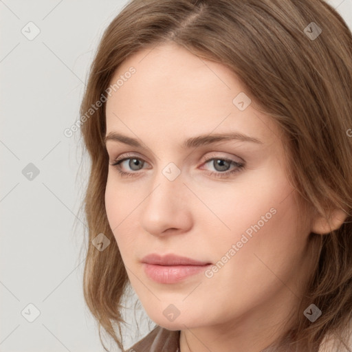 Neutral white young-adult female with long  brown hair and grey eyes