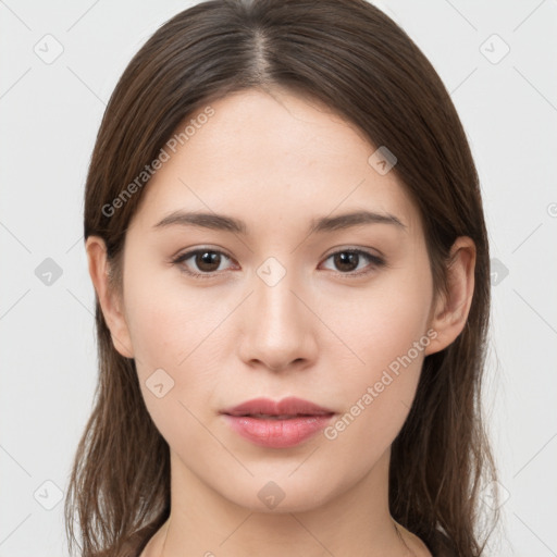 Neutral white young-adult female with long  brown hair and brown eyes